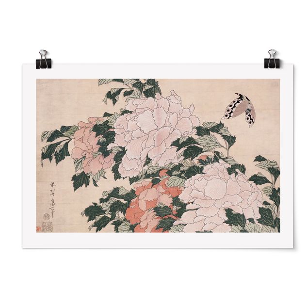 Poster - Katsushika Hokusai - Rosa peonie con la farfalla - Orizzontale 2:3