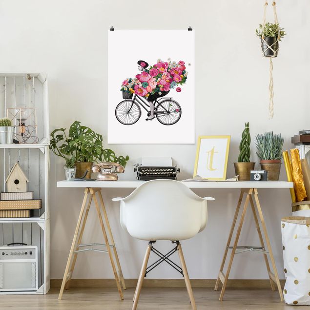 Poster - Illustrazione Donna in bicicletta Collage fiori variopinti - Verticale 4:3