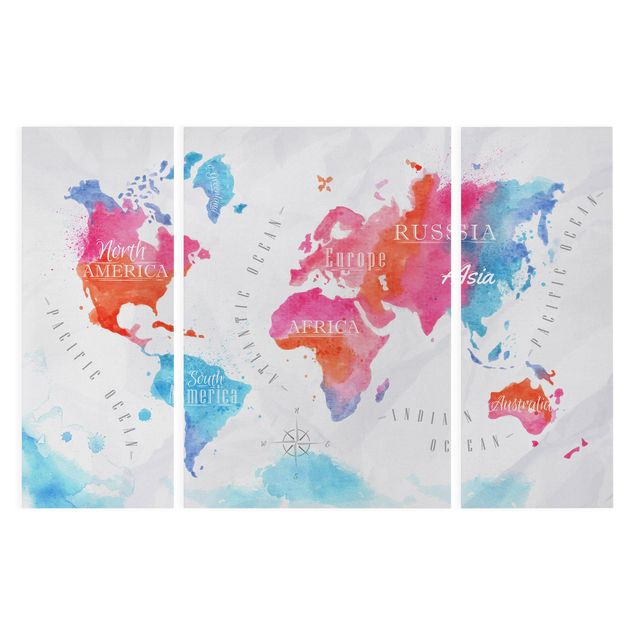 Stampa su tela 3 parti - World Map watercolor red blue - Trittico