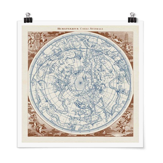 Poster - Vintage Mappa Stellare Southern Hemissphere - Quadrato 1:1