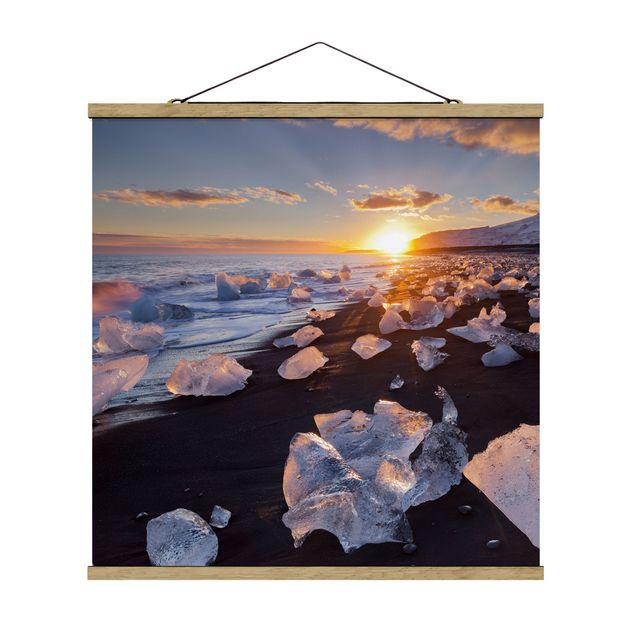 Quadro su tessuto con stecche per poster - Pezzi di ghiaccio Sulla Spiaggia Islanda - Quadrato 1:1