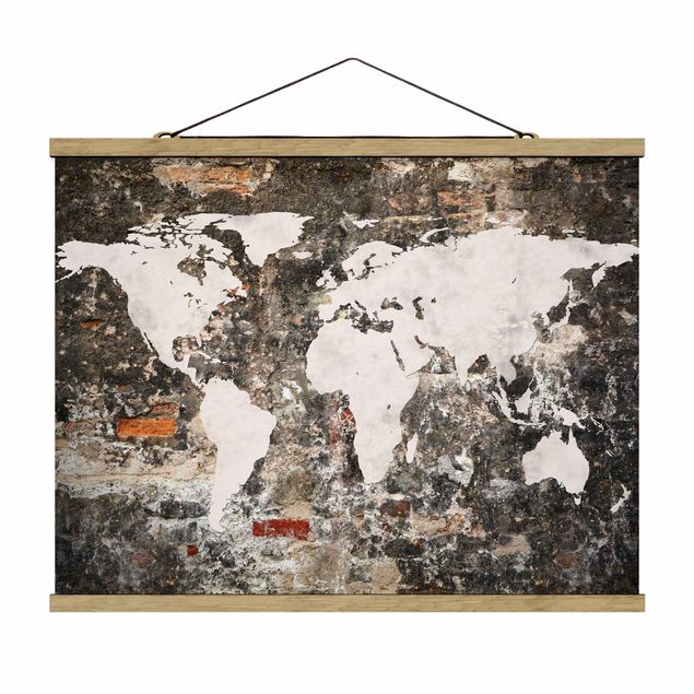 Foto su tessuto da parete con bastone - Vecchio Muro Mappa del mondo - Orizzontale 3:4