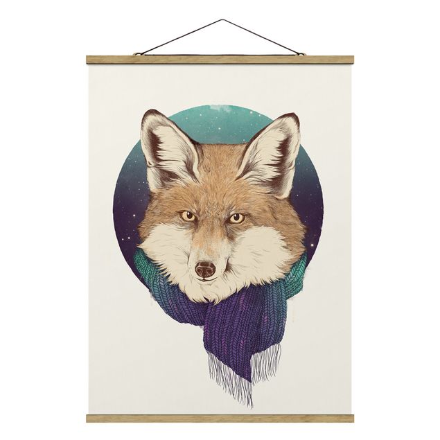 Foto su tessuto da parete con bastone - Laura Graves - Illustrazione Fox Luna Viola Turchese - Verticale 4:3