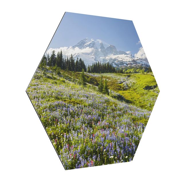 Esagono in Alluminio Dibond - Prato di montagna con fiori rossi davanti al Monte Rainier