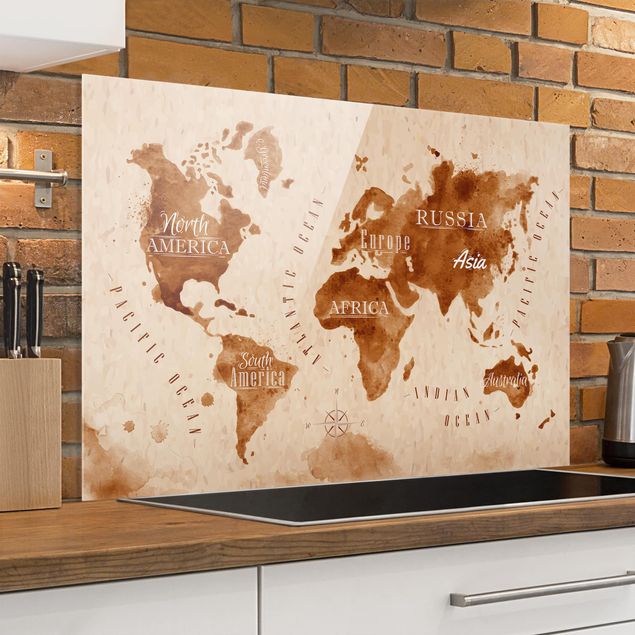 paraschizzi cucina vetro magnetico Mappa del mondo Acquerello Beige Marrone