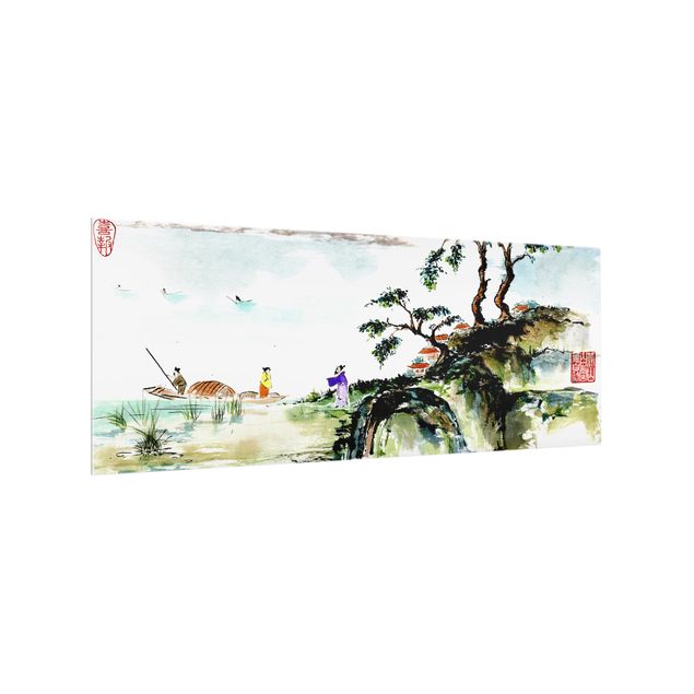 Paraschizzi in vetro - Japanese Watercolor Drawing Lake And Mountains