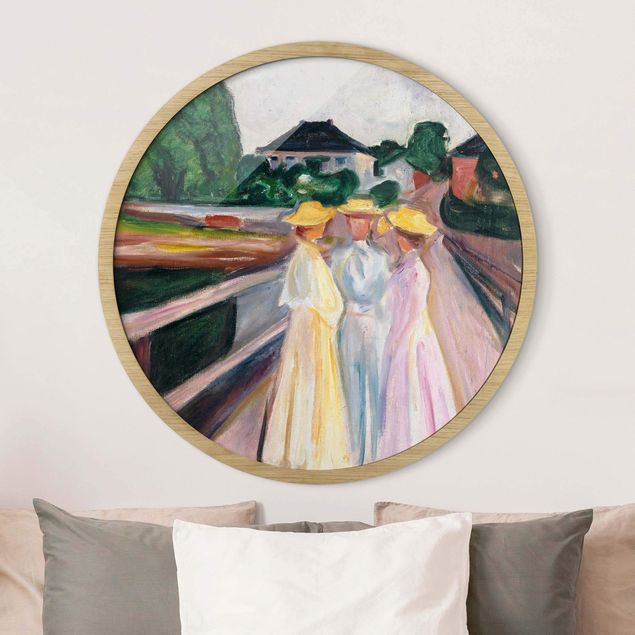 Poster con cornice rotonda Edvard Munch - Tre ragazze sul ponte