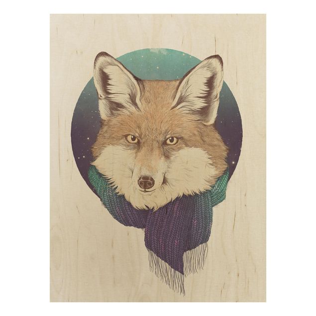 Stampa su legno - Illustrazione Fox Luna Viola Turchese - Verticale 4:3