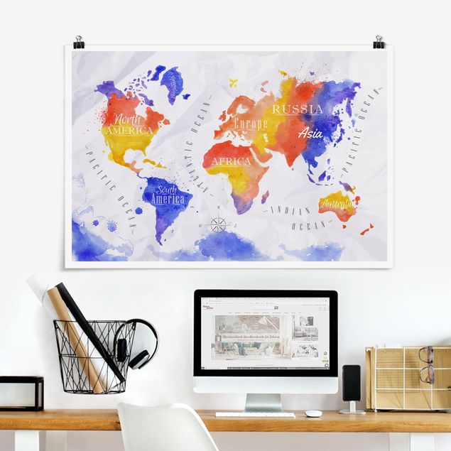 Poster illustrazioni Mappa del mondo acquerello viola rosso giallo