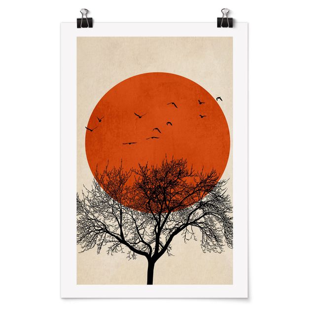 Poster - Stormo di uccelli su sole rosso II - Verticale 3:2