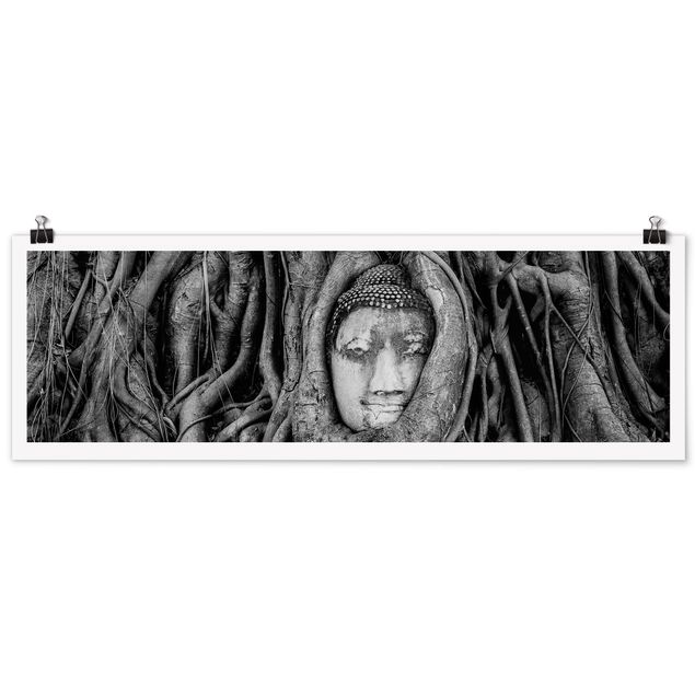Poster - Buddha in Ayutthaya foderato dalle radici degli alberi in bianco e nero - Panorama formato orizzontale