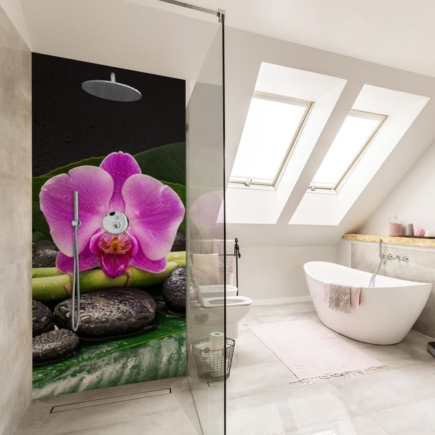 Rivestimenti per doccia alluminio dibond Bambù verde con fiore di orchidea