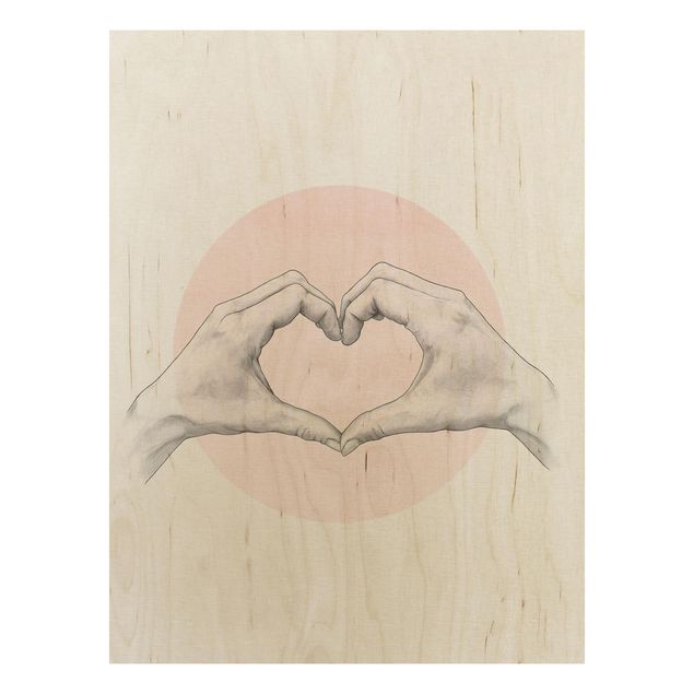 Stampa su legno - Illustrazione Cuore cerchio mani Rosa Bianco - Verticale 4:3