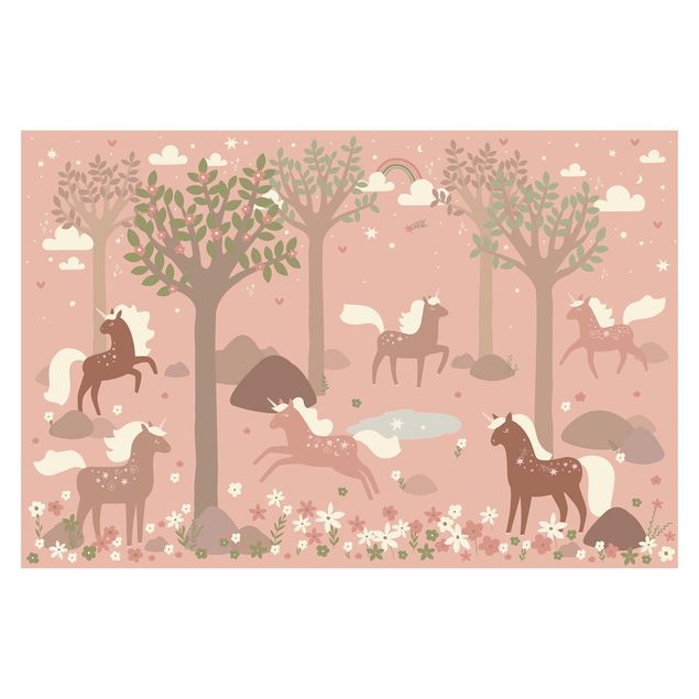Carta da parati - Unicorni nella foresta rosa
