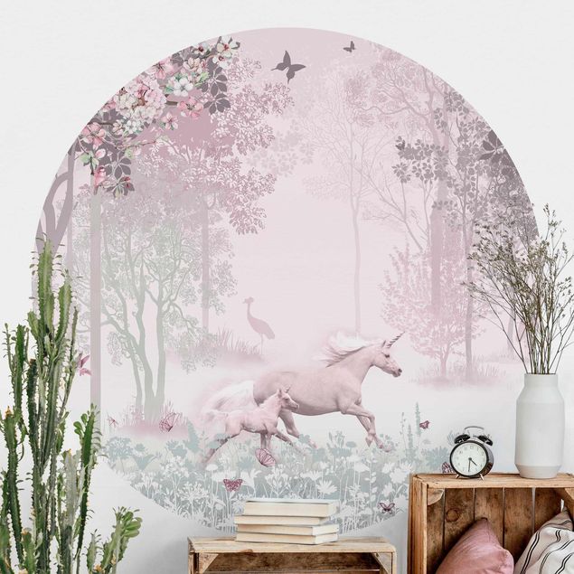 carta parati unicorno Unicorno su prato fiorito in rosa