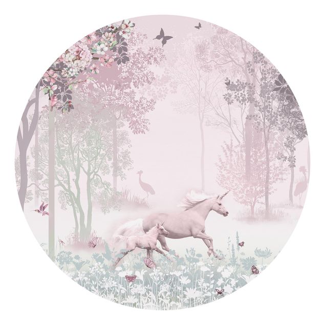 Carte da parati rotonde - Unicorno su prato fiorito in rosa