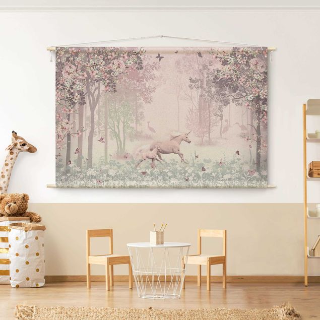 Arazzi da parete moderno Unicorno su prato fiorito in rosa