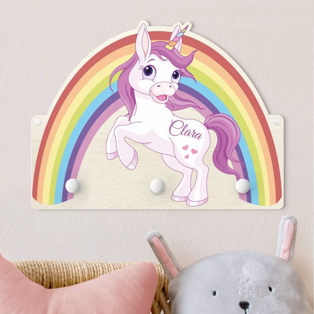 Wandgarderobe mit Tieren Kinderzimmer Unicorno e Arcobaleno Con Nome Personalizzato