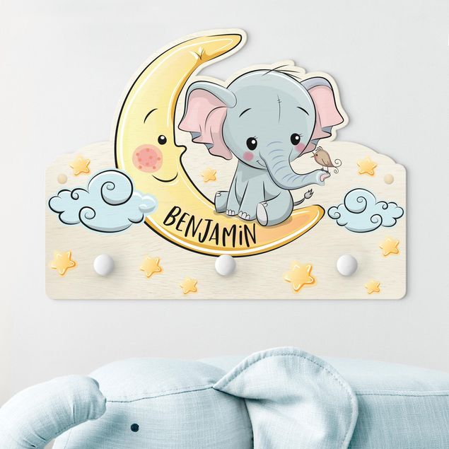 Kinderzimmer Wandgarderobe mit Tieren Elefante Luna Con Nome Personalizzato
