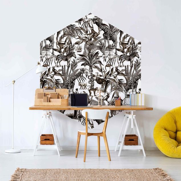 Carta da parati esagonale adesiva con disegni - Elefanti giraffe zebre e tigri in bianco e nero con tonalità marrone