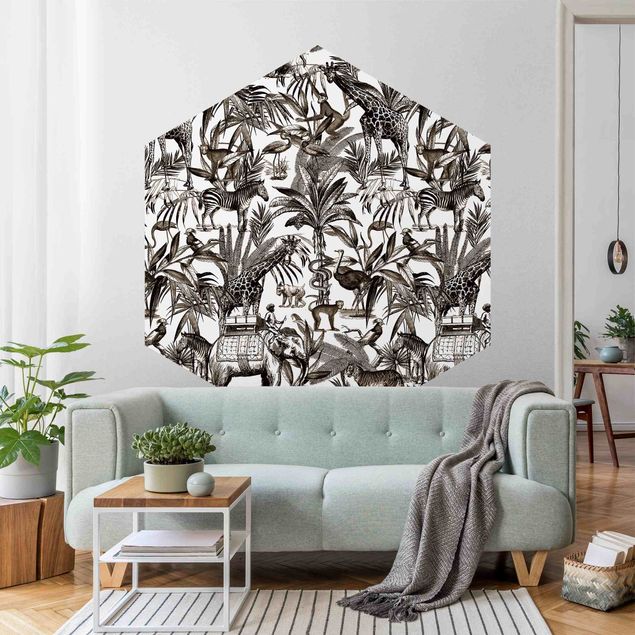 Carta da parati esagonale adesiva con disegni - Elefanti giraffe zebre e tigri in bianco e nero con tonalità marrone