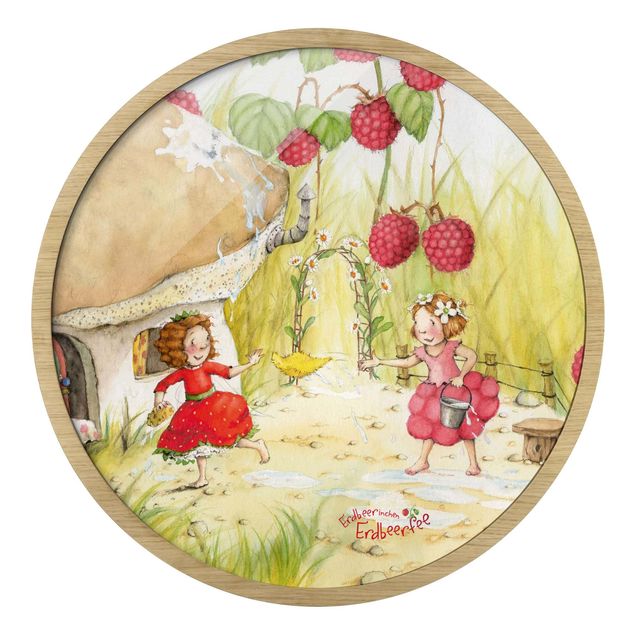 Quadro rotondo incorniciato - The Strawberry Fairy - Sotto il cespuglio di lamponi