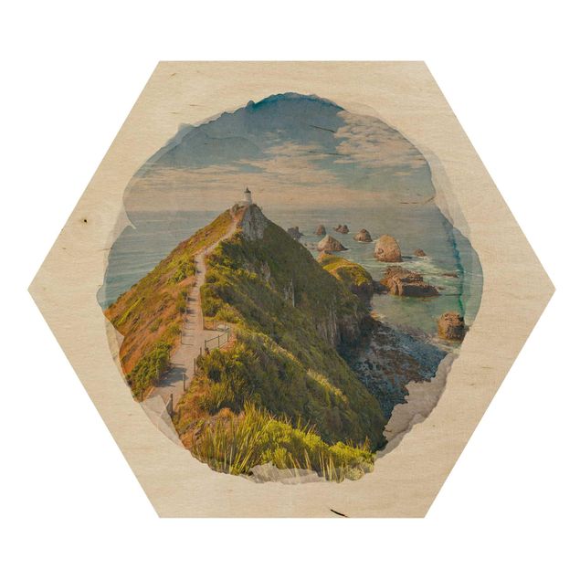 Esagono in legno - Acquarelli - Nugget Point Lighthouse e Sea Zelanda