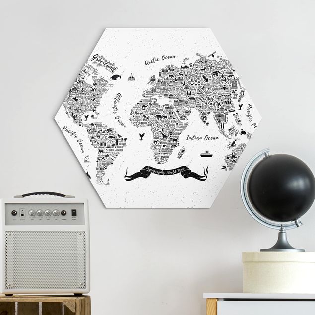 Esagono in Alluminio Dibond - Tipografia Bianco mappa del mondo