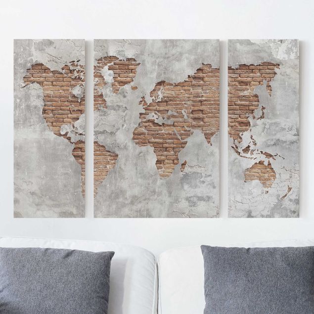 Tele vintage Mappa del mondo in mattoni e cemento shabby