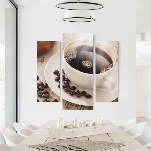 Stampa su tela - Steaming Coffee Cup With Coffee Beans - Trittico da galleria