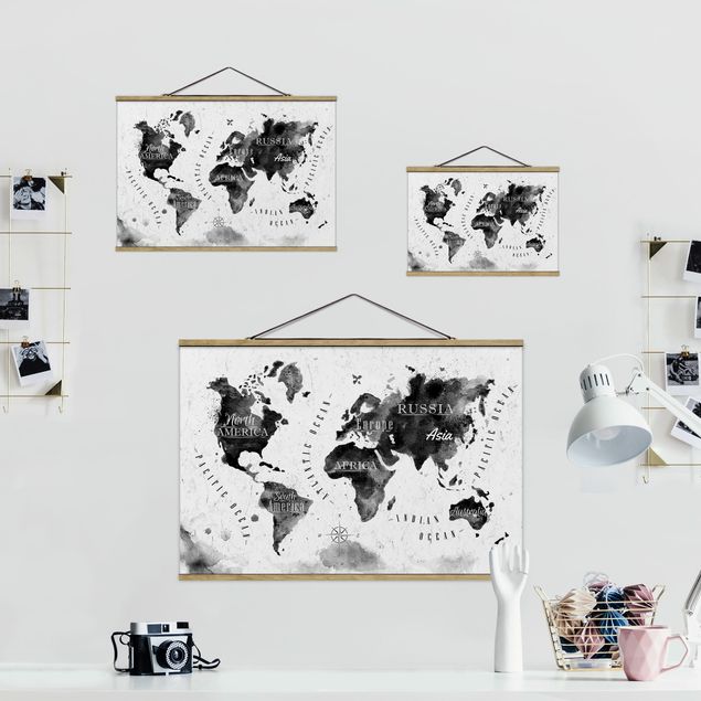 Foto su tessuto da parete con bastone - Mappa del mondo Acquerello Nero - Orizzontale 2:3