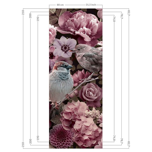 Rivestimento per doccia - Paradiso floreale con passerotti in rosa antico