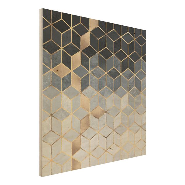 Stampa su legno - Bianco d'oro Geometria Blu - Quadrato 1:1