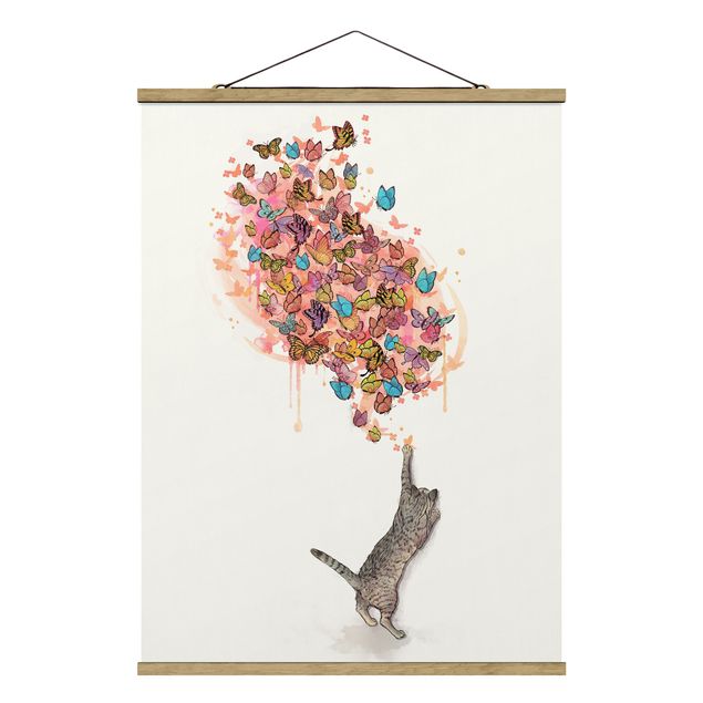 Foto su tessuto da parete con bastone - Laura Graves - Illustrazione del gatto con farfalle colorate Pittura - Verticale 4:3