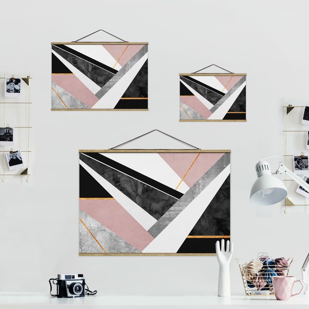 Foto su tessuto da parete con bastone - Elisabeth Fredriksson - Bianco e nero Geometria con oro - Orizzontale 2:3