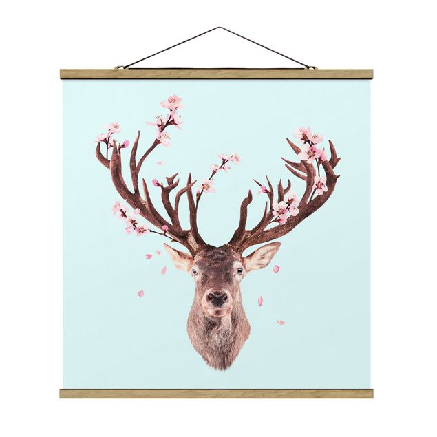 Quadro su tessuto con stecche per poster - Cervo con Cherry Blossoms - Quadrato 1:1