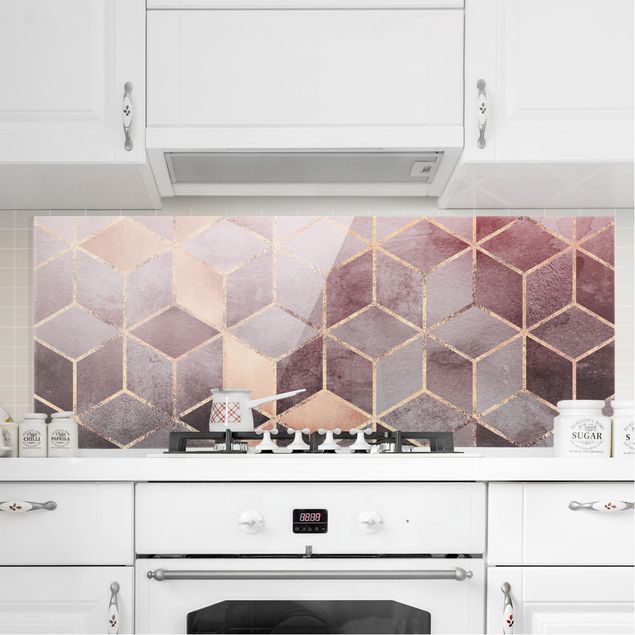 paraschizzi cucina vetro magnetico Geometria dorata rosa-grigio