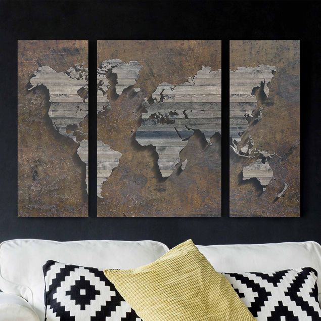 Quadri moderni per soggiorno Mappa del mondo con griglia di legno