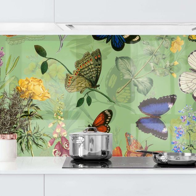 Rivestimenti cucina pannello Farfalle con fiori su verde