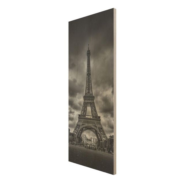 Quadro in legno - Torre Eiffel Davanti Nubi In Bianco e nero - Pannello