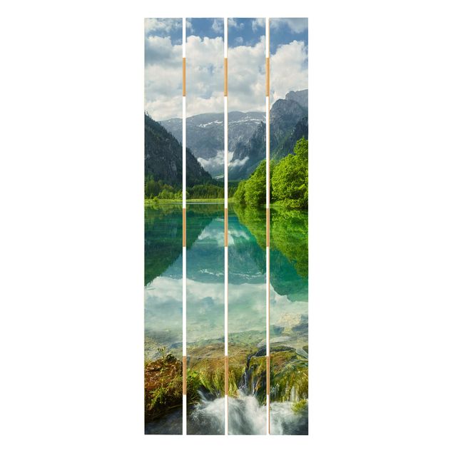Stampa su legno - Mountain Lake con mirroring - Verticale 5:2