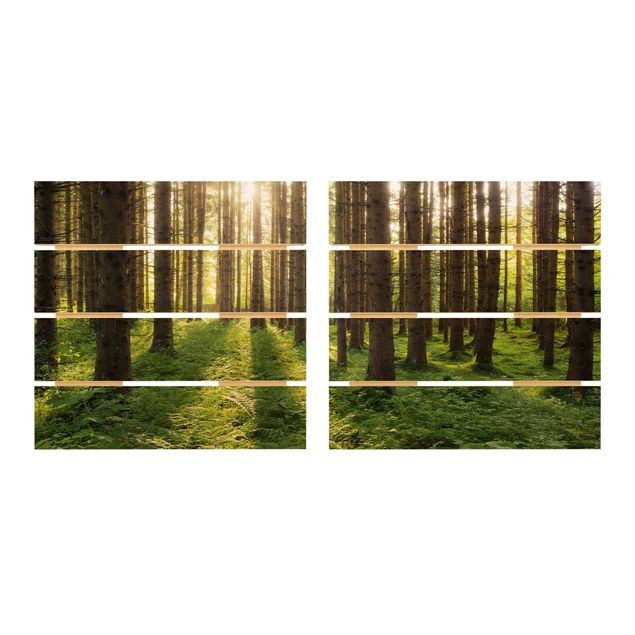 Quadro in legno effetto pallet - Raggi di Sun nel verde della foresta - Quadrato 1:1