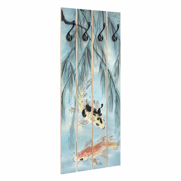 Appendiabiti in legno - Giapponese disegno ad acquerello Goldfish II - Ganci cromati - Verticale
