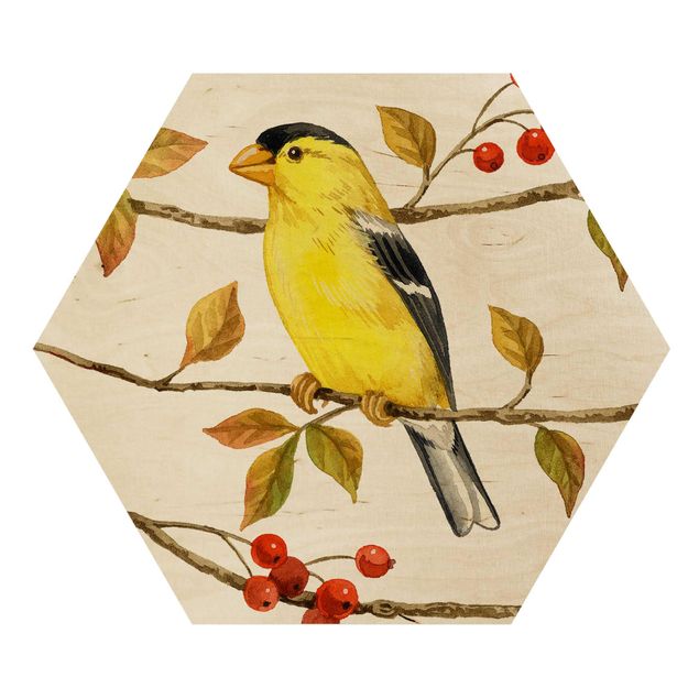 Esagono in legno - Uccelli e Bacche - American Goldfinch