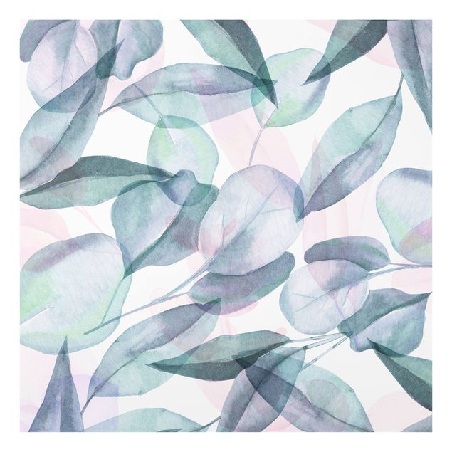 Paraschizzi in vetro - Foglie di eucalipto in acquerello blu e rosate - Quadrato 1:1