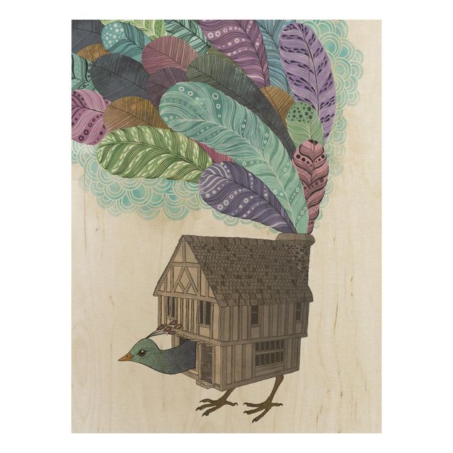 Stampa su legno - Illustrazione Bird House con le piume - Verticale 4:3