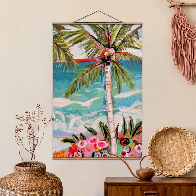 Foto su tessuto da parete con bastone - Palma con fiori rosa II - Verticale 3:2