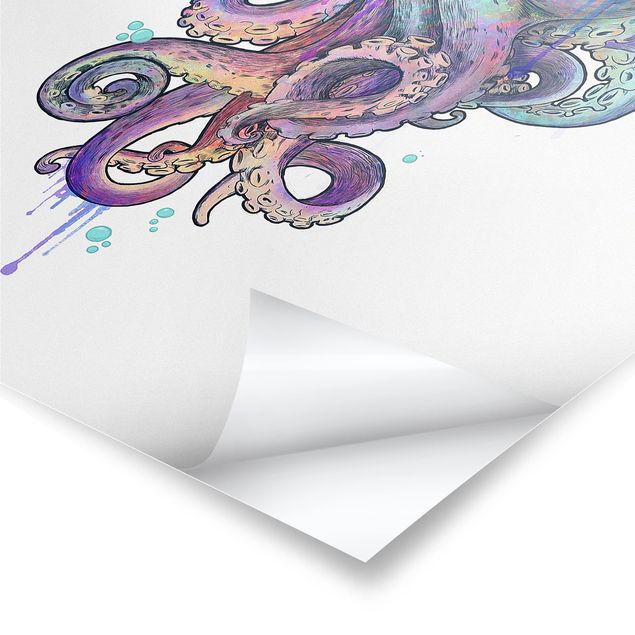Poster - Illustrazione Octopus Viola Turchese Pittura - Verticale 4:3