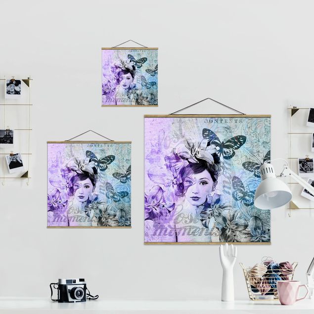 Quadro su tessuto con stecche per poster - Shabby Chic Collage - Ritratto Con Le Farfalle - Quadrato 1:1