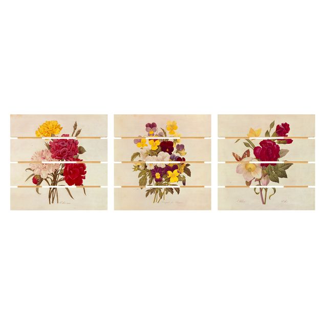 Quadro in legno effetto pallet - Pierre Joseph Redouté - Roses Chiodi di garofano Viole del pensiero - Quadrato 1:1